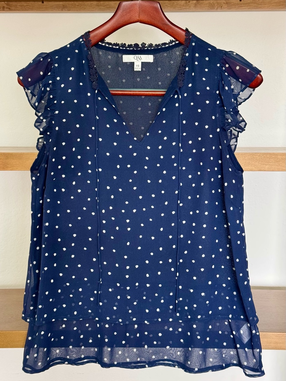 Q&A Navy Polka Dot Ruffle Sleeve V-Neck Blouse